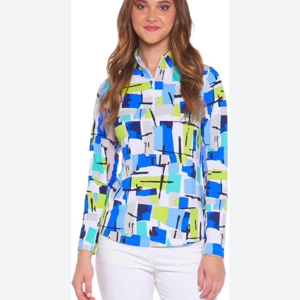 IBKUL women’s large long sleeve mesh mock neck Mondrian print Icefil golf shirt